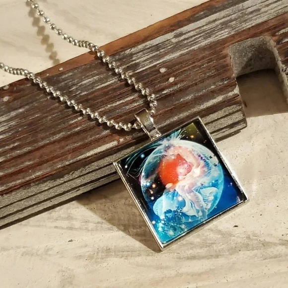 Man in the Moon Nebula Square Glass Cabochon Pendant Necklace - Picture 1 of 4